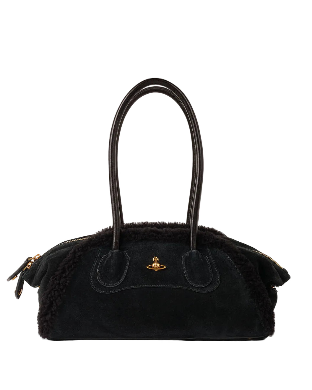 Vivienne Westwood Small Holdall in Black, front view with soft textured body, structured top handles, gold-tone orb plaque and top zip fastening.