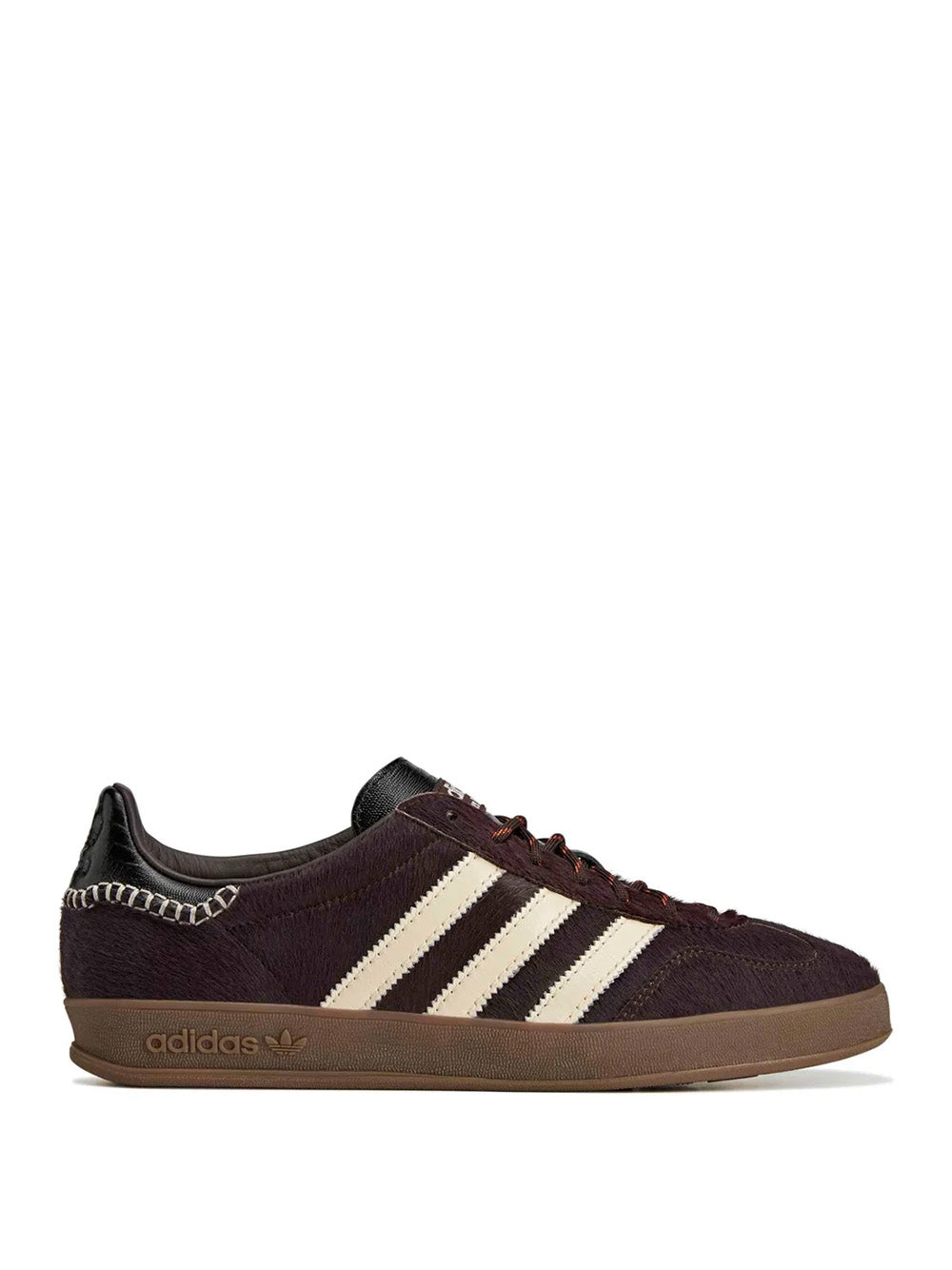 Wales Bonner x Adidas Gazelle Pony in Aluminum Wonder White Core Black deep brown pony hair sneaker with cream three-stripe detail and croc-embossed leather trim, side profile – Wales Bonner x Adidas SS26