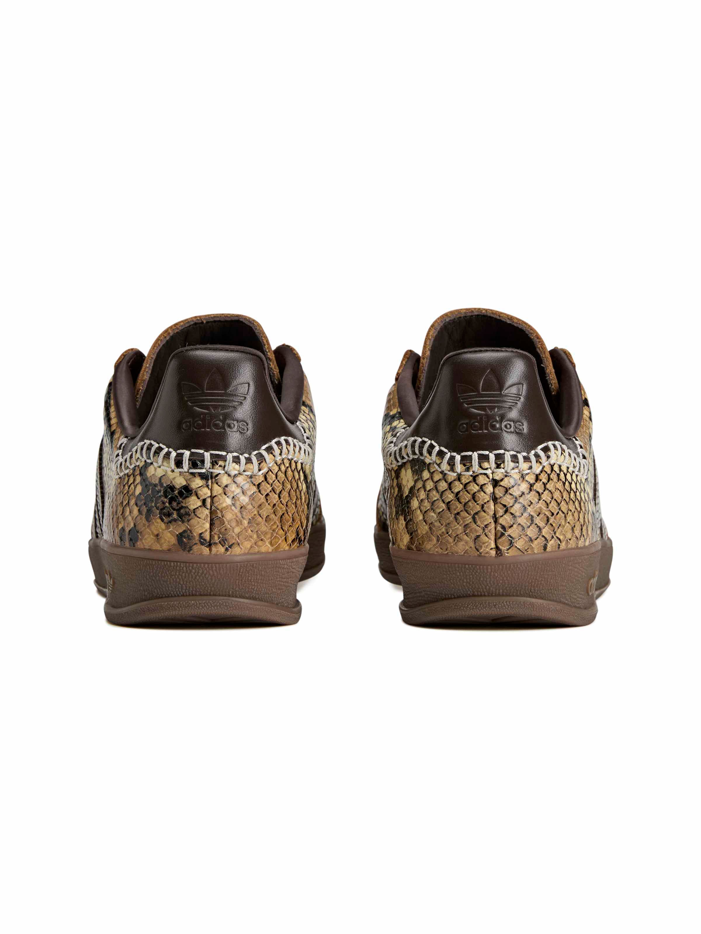 Wales Bonner x Adidas Gazelle Snake in Dust Rust Wonder White Collegiate Burgundy rust leather sneaker with snake-embossed panel and rubber outsole, back view – Wales Bonner x Adidas SS26