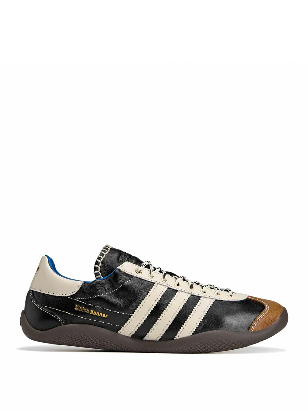 Wales Bonner x Adidas Karintha OG in Core Black Wonder White Lush Blue black leather sneaker with three-stripe detail and gold-tone eyelets, side profile – Wales Bonner x Adidas SS26