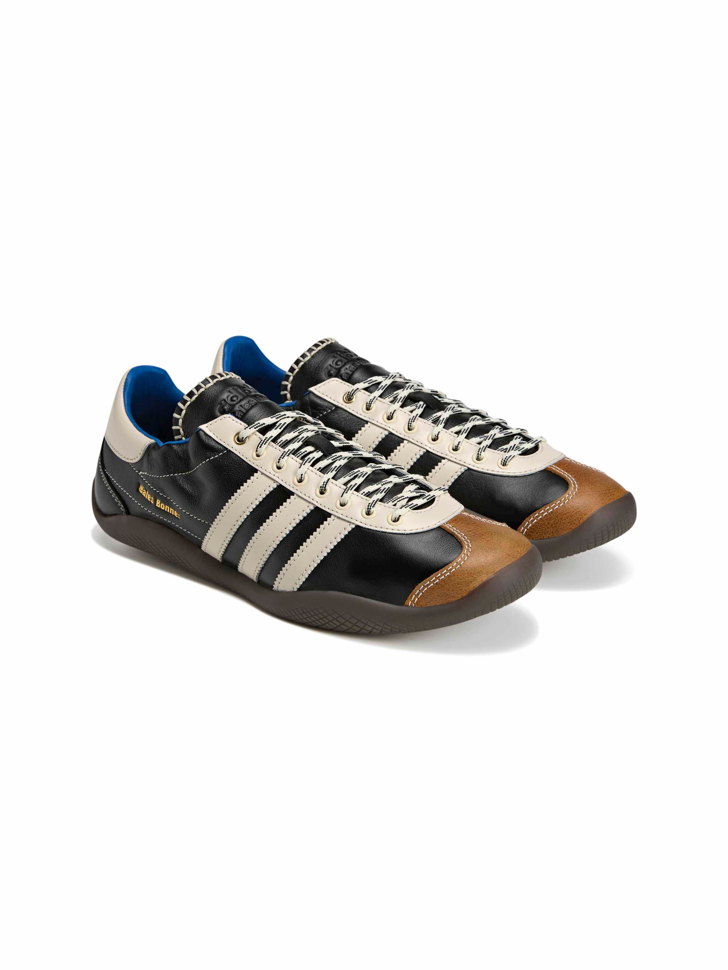 Wales Bonner x Adidas Karintha OG in Core Black Wonder White Lush Blue black leather sneaker with three-stripe detail and lush blue collar, diagonal side view – Wales Bonner x Adidas SS26