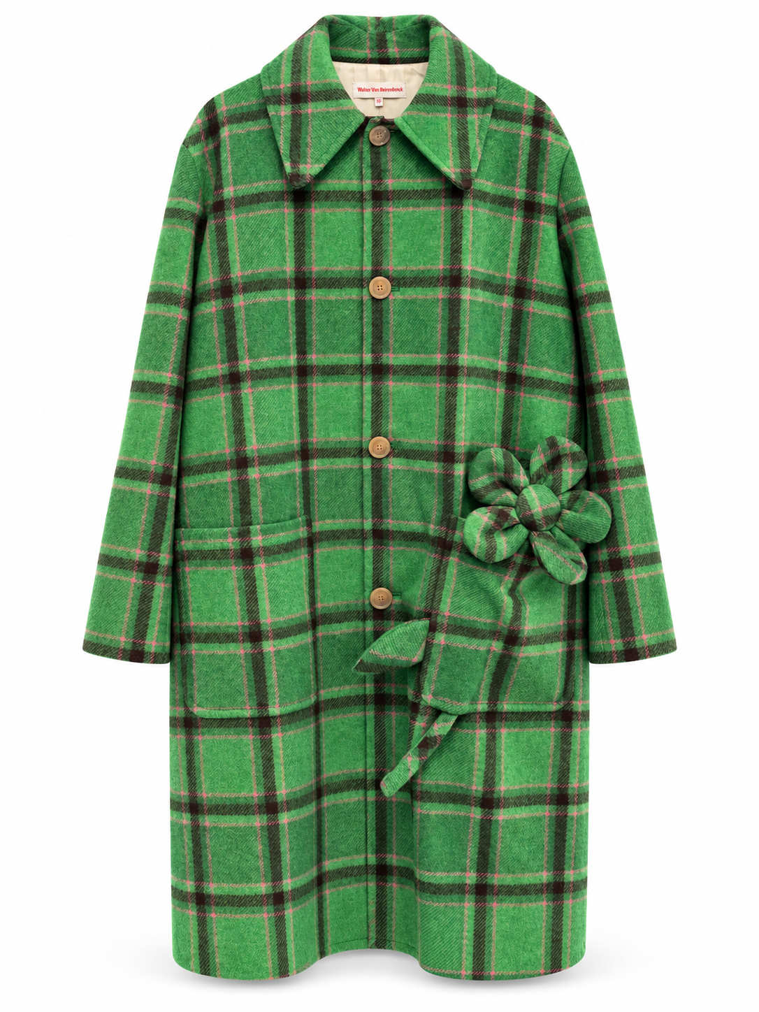 Walter Van Beirendonck Flower Power Khiva Coat in Fern Green/Light Rose, front view with check pattern, button fastening, patch pockets and sculptural flower appliqué