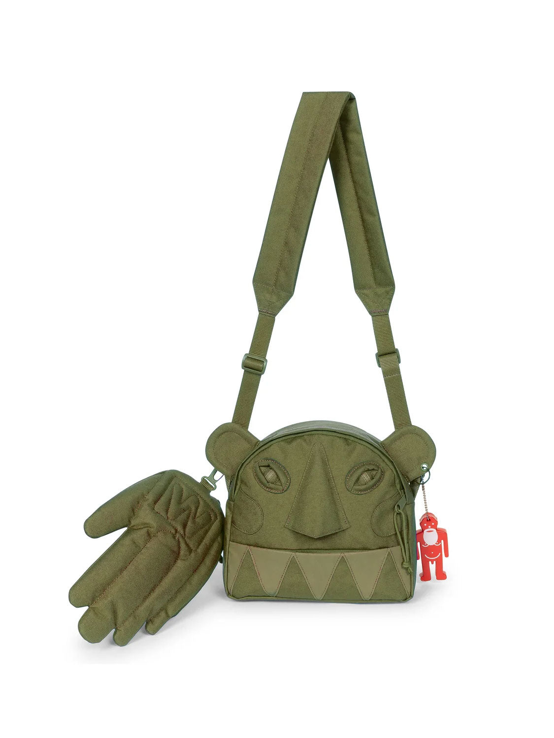 Detachable Walter Van Beirendonck x Eastpak Monster face crossbody pouch with sculptural hand-shaped pouch and red Walterman charm