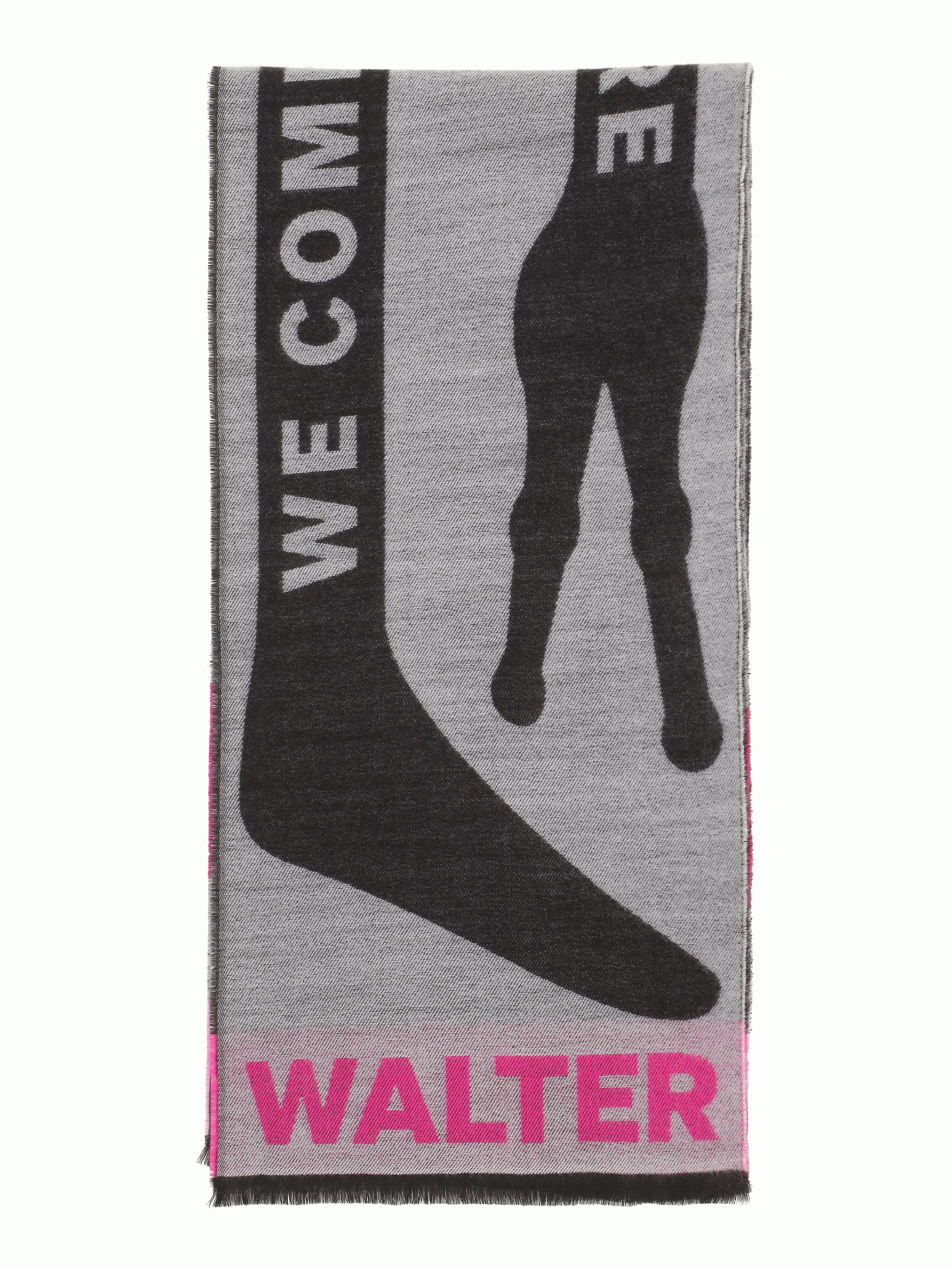 Black and pink scarf with alien illustration by Walter Van Beirendonck, folded in half.
