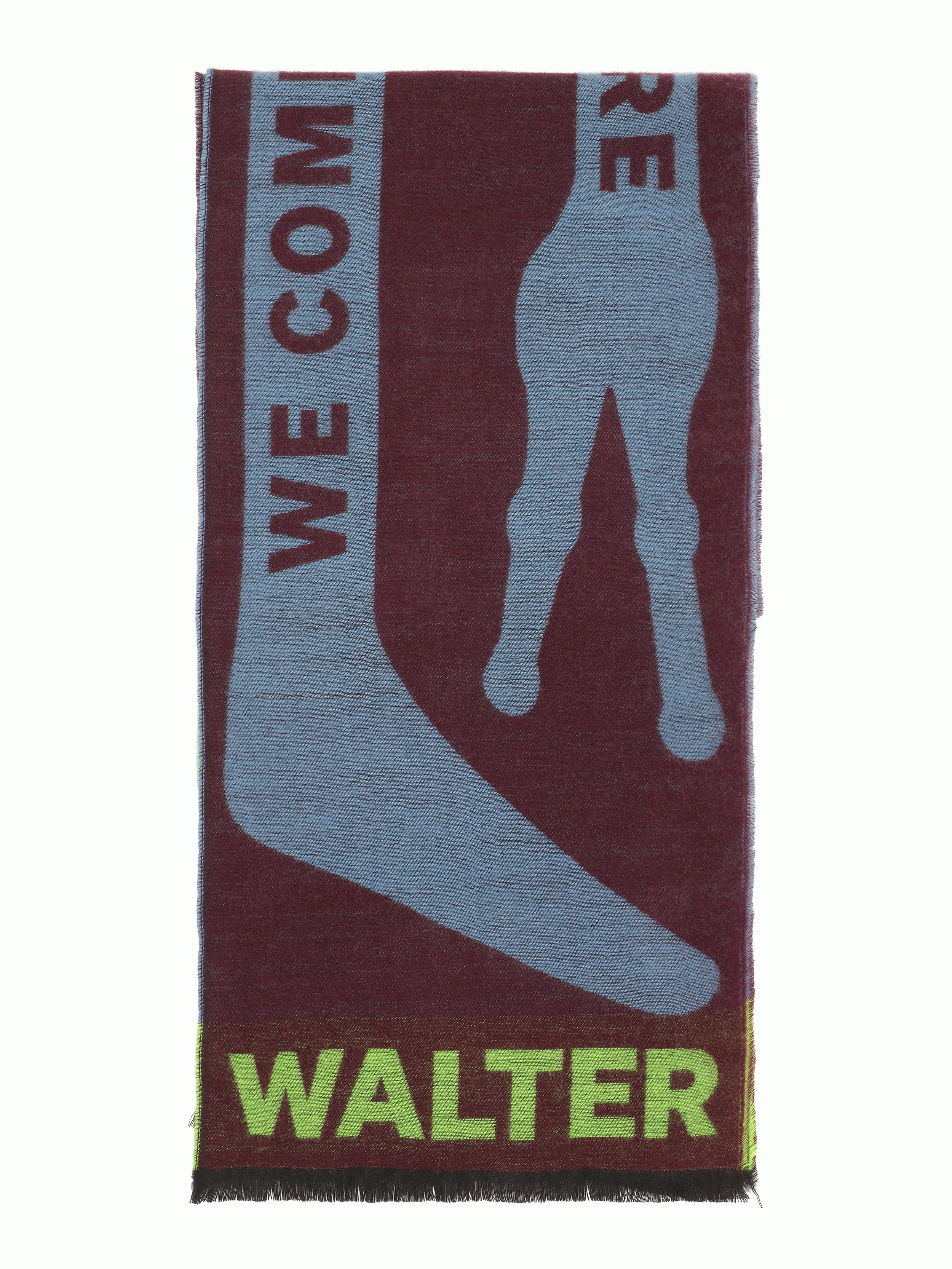 Bordeaux scarf with alien illustration by Walter Van Beirendonck, folded in half.