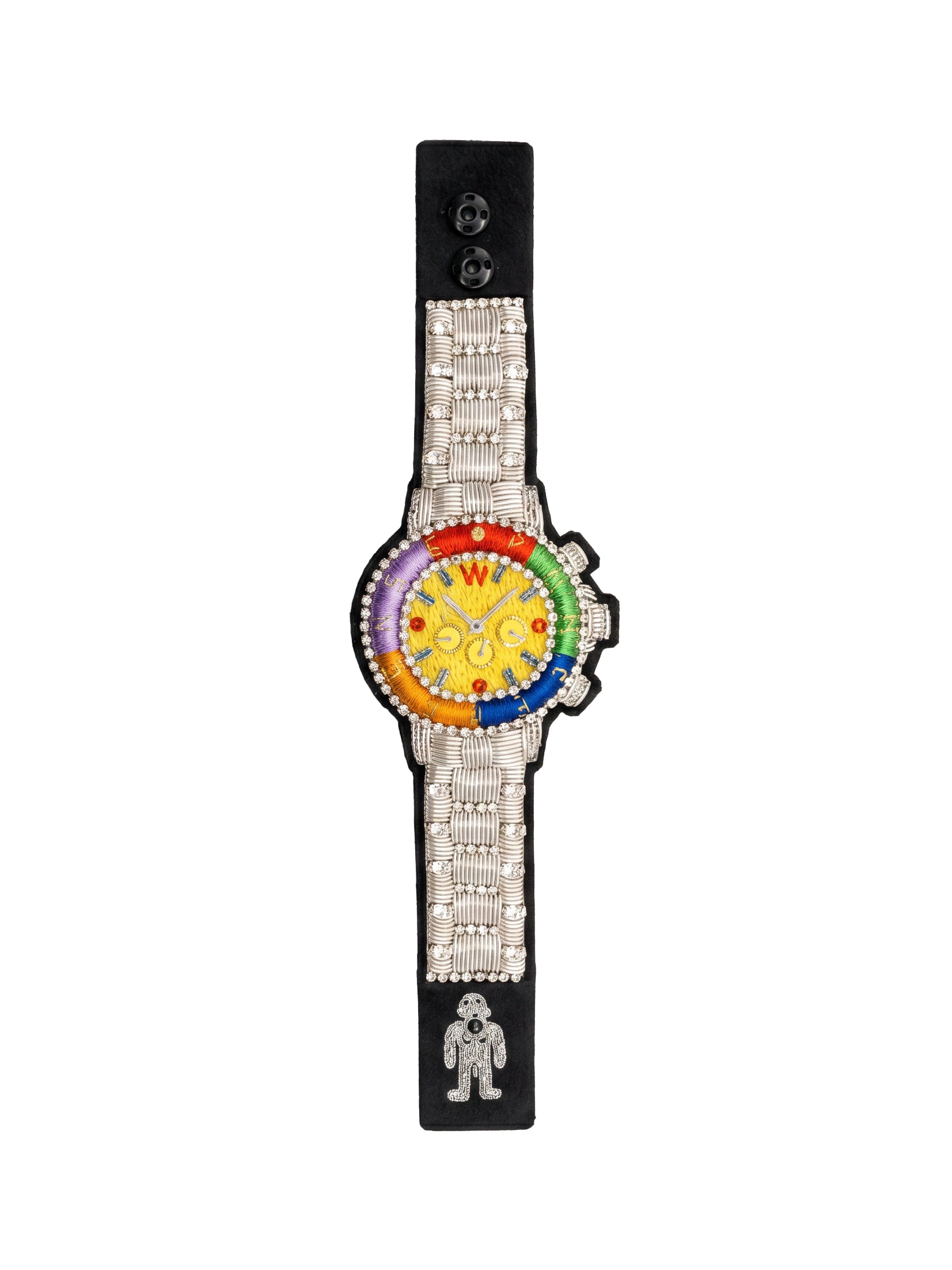 Walter Van Beirendonck Peace Bracelet Comb II in Silver, embroidered watch motif bracelet with rainbow multicolour bezel, yellow dial, crystal embellishments, silver woven strap, signature robot motif, black base, press-stud fastening