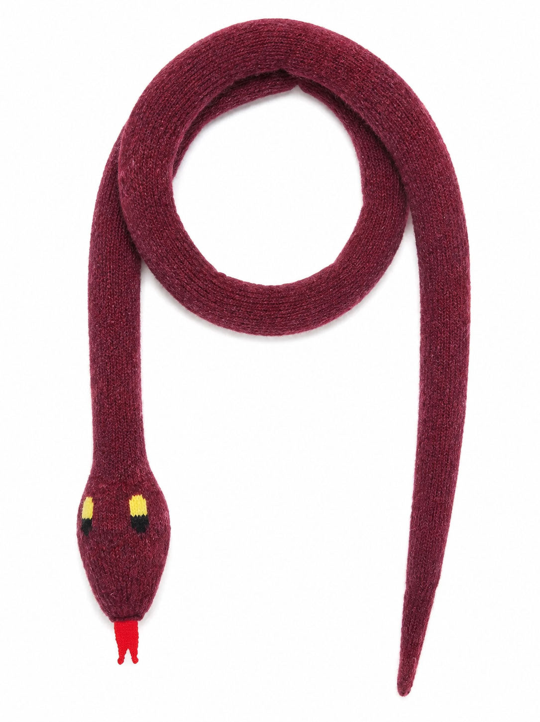 Walter Van Beirendonck Snake Scarf in Bordeaux shown in full, featuring a knitted snake shape with contrast eyes, red tongue and tapered tail.
