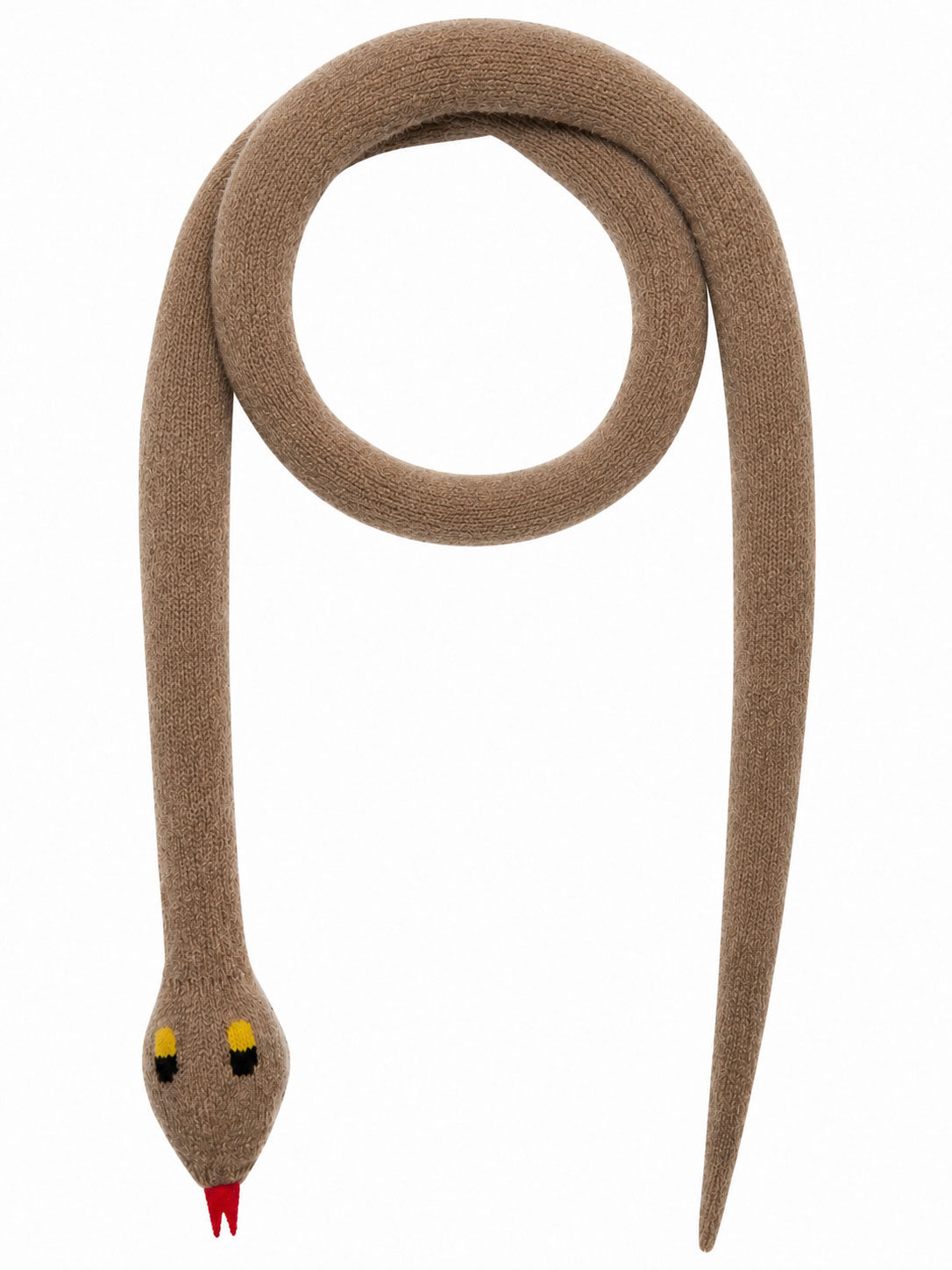 Walter Van Beirendonck Snake Scarf in Camel shown in full, featuring an elongated knitted snake shape with contrast eyes, tongue and tapered tail.