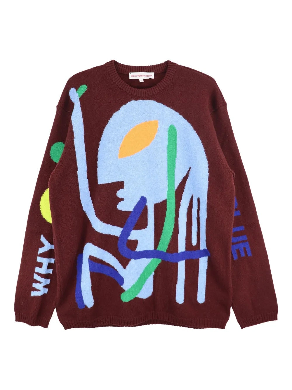 Knitted bordeaux sweater with alien illustration from Walter Van Beirendonck on a white background.