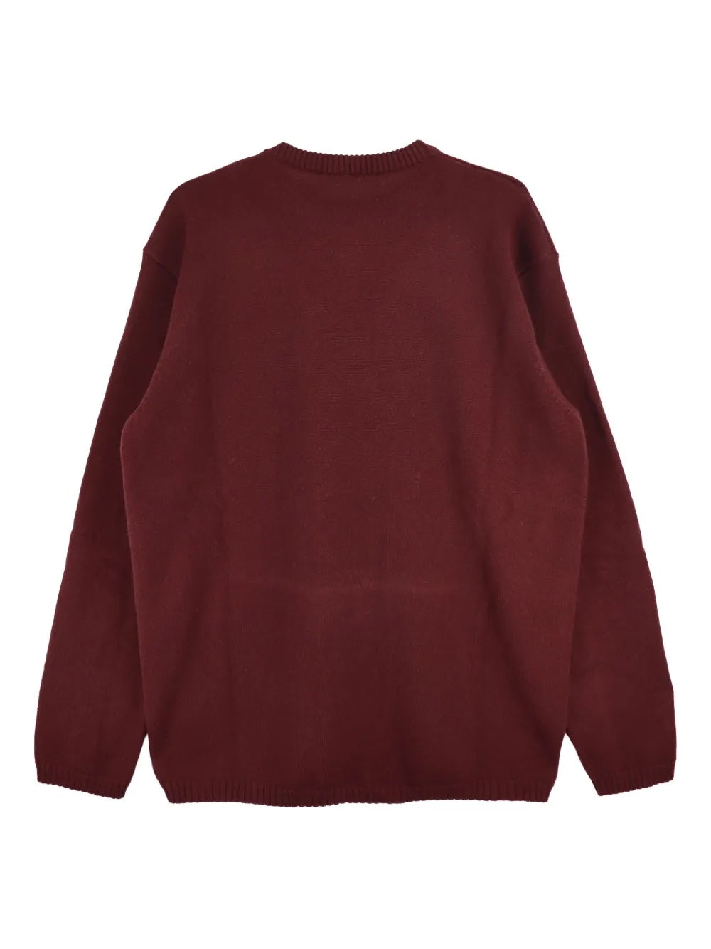Back view of the knitted bordeaux sweater from Walter Van Beirendonck on a white background.