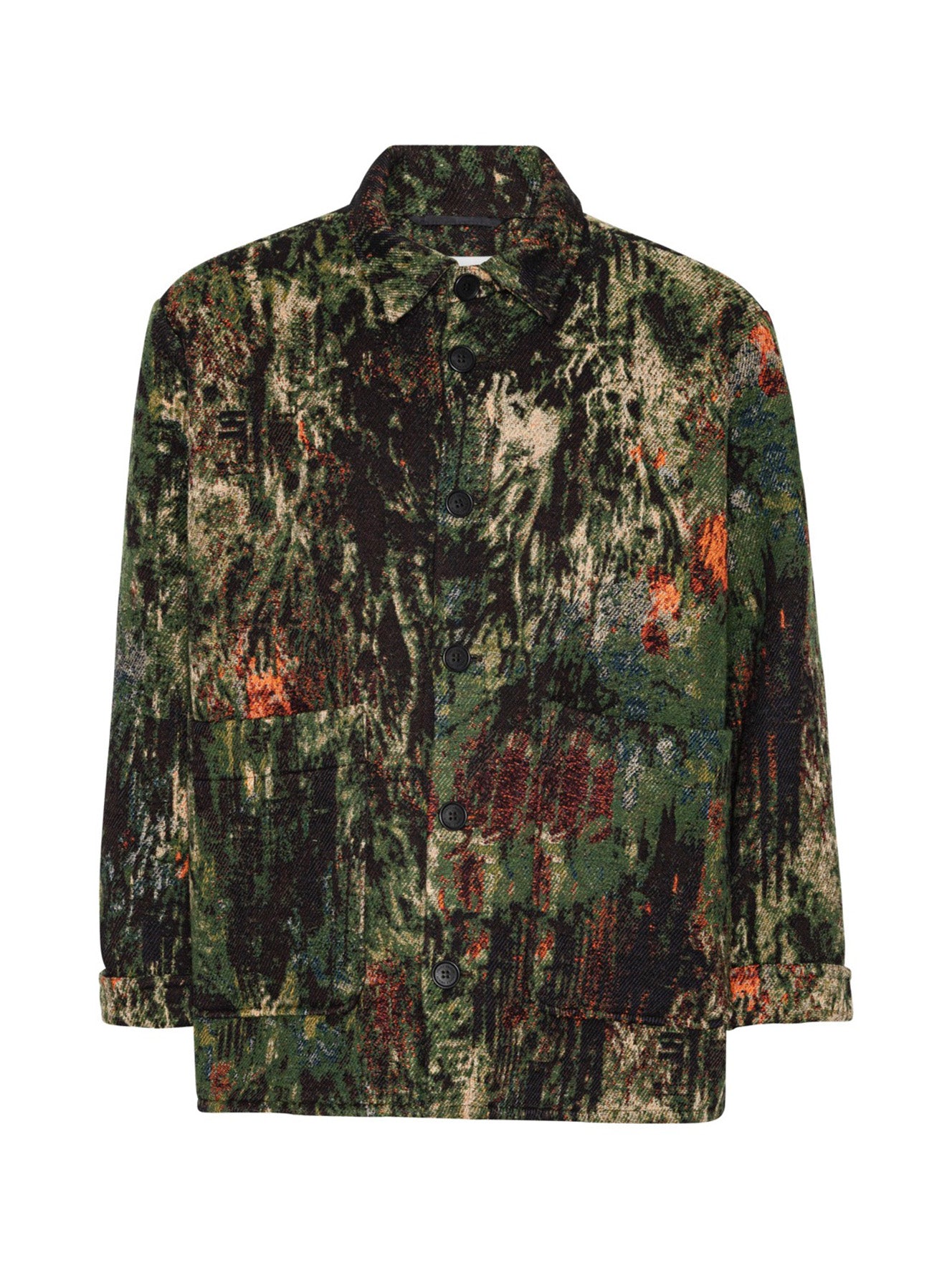 Henrik Vibskov Wheel Jacket in Gobelin Swamp crafted from a textured woven jacquard with a stand collar and button closure.
