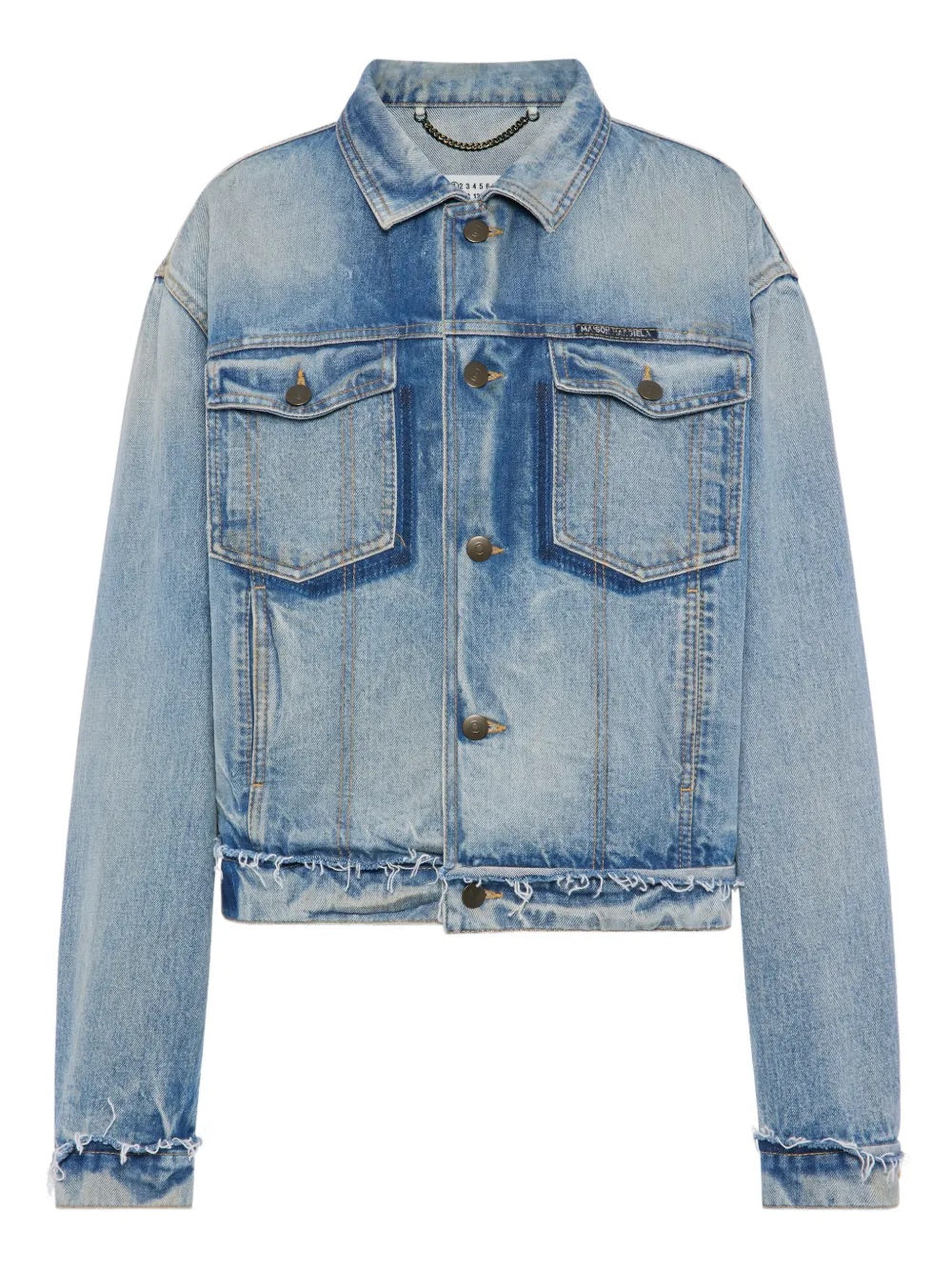 Front packshot of the Maison Margiela Women’s Sports Jacket in Light Blue Indigo, showing the frayed denim texture, button fastening, long sleeves, and cotton construction.