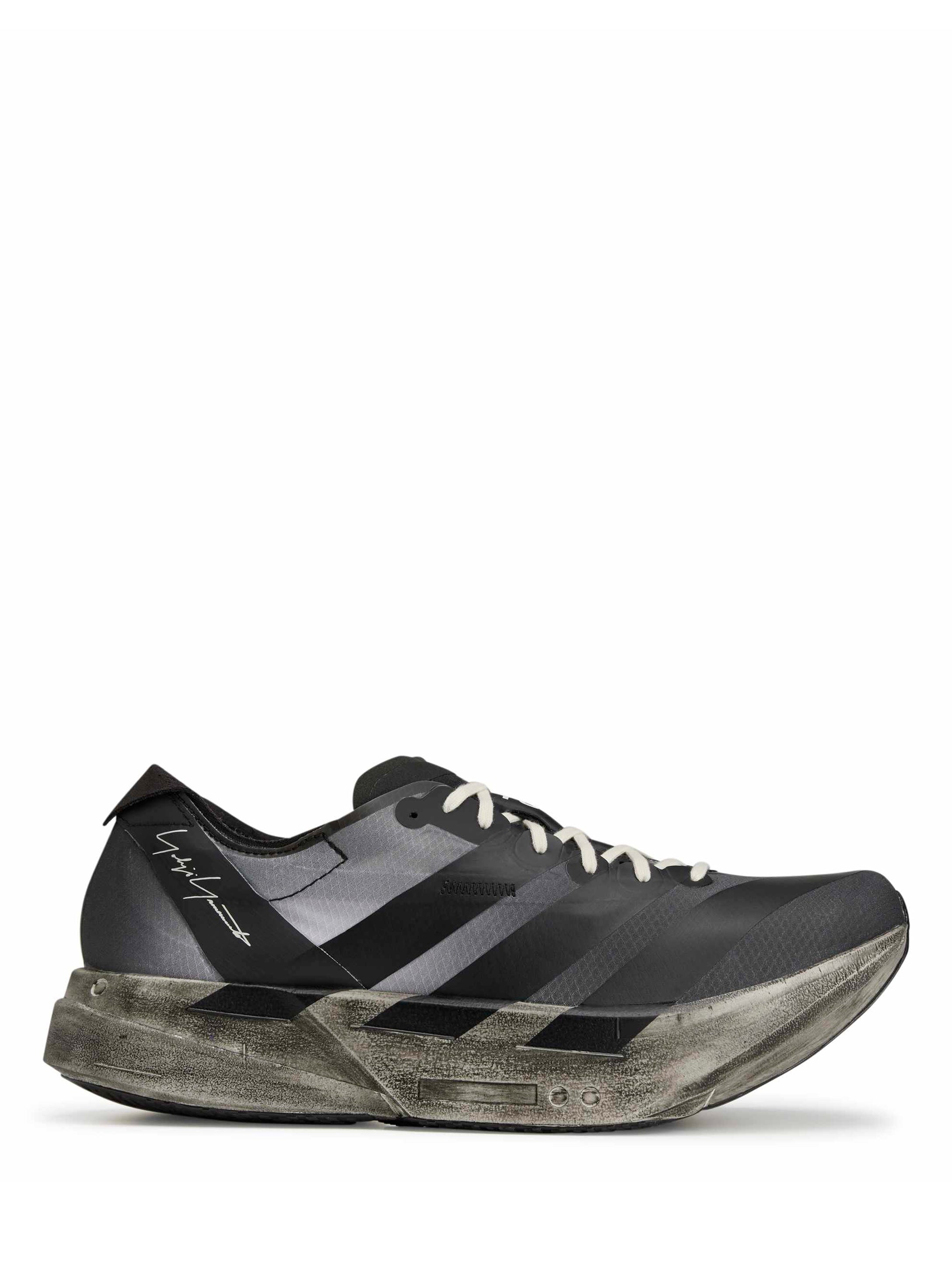 Y-3 Adios Pro 4 in Black Off White Grey Five, side profile view, tonal 3-Stripes detail, off-white rope laces, distressed midsole finish, LightstrikePro cushioning, Lightlock upper, rubber outsole