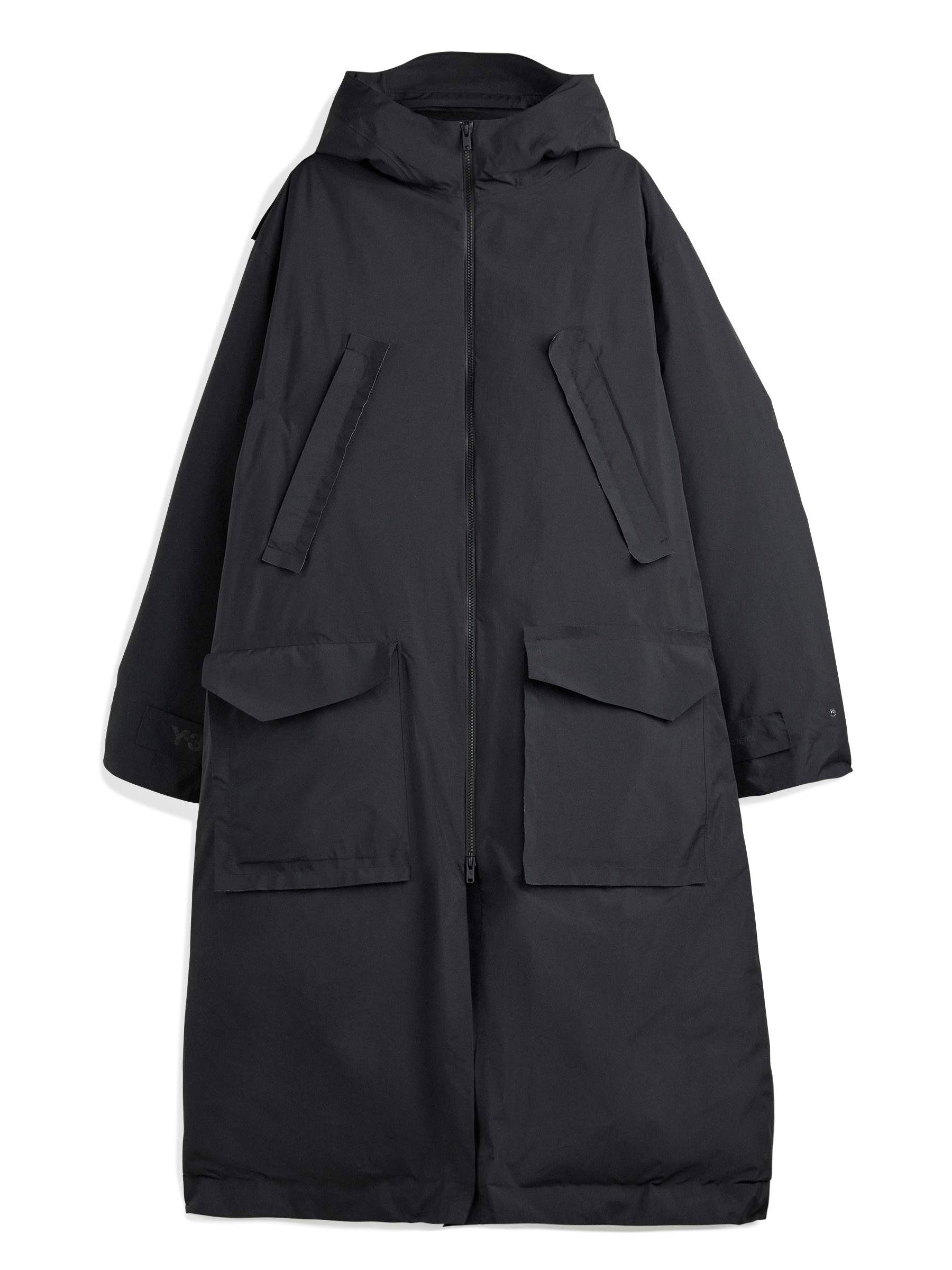 Black hooded coat from Y-3 with multiple pockets on a white background