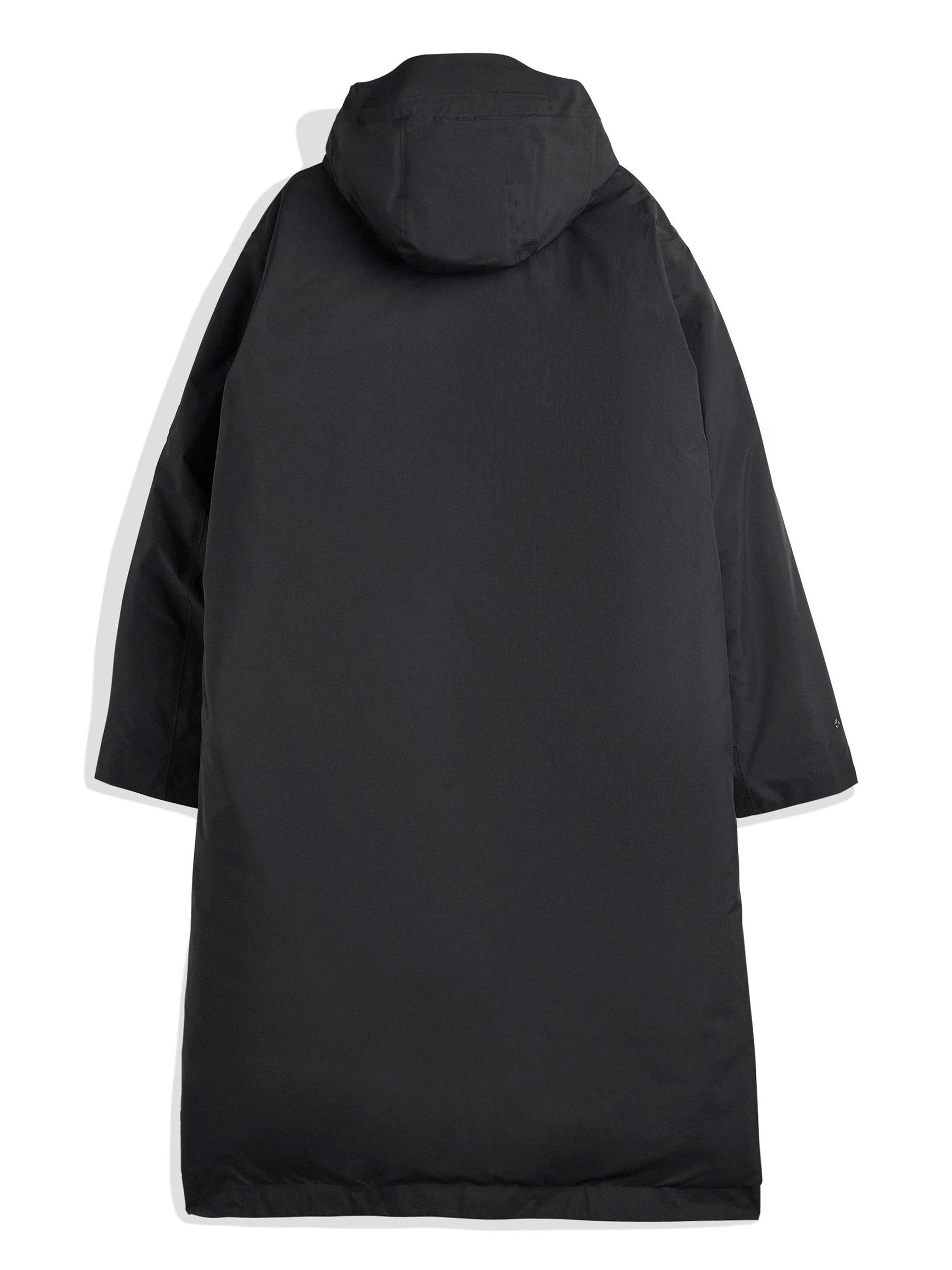 Black hooded coat from Y-3 with multiple pockets on a white background