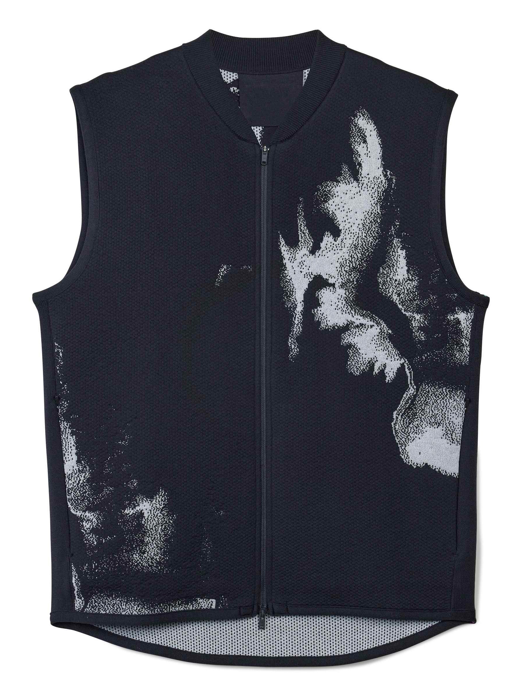 Black running vest from Y-3 with a graphic design on a white background