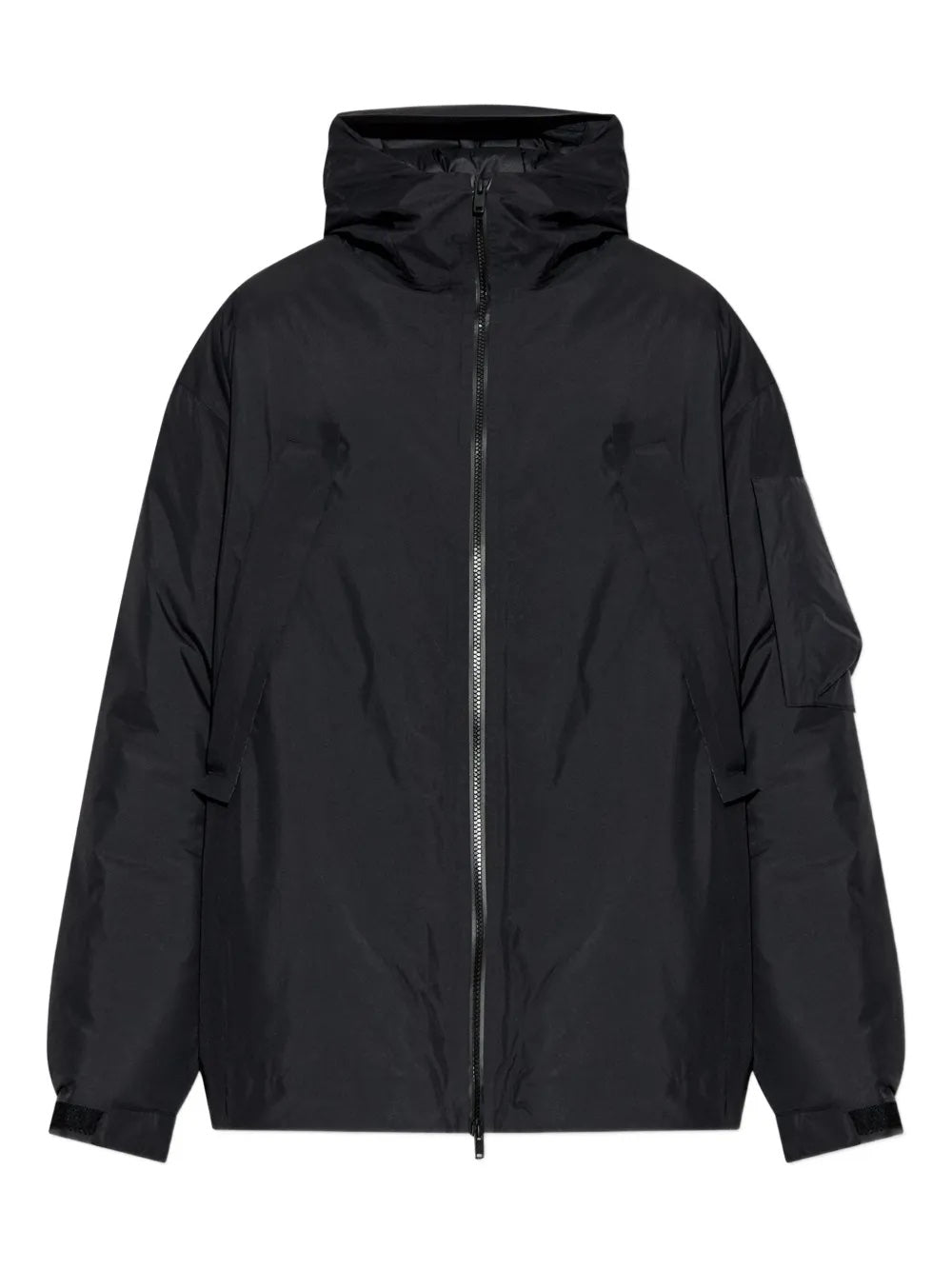Black jacket with a hood on a white background