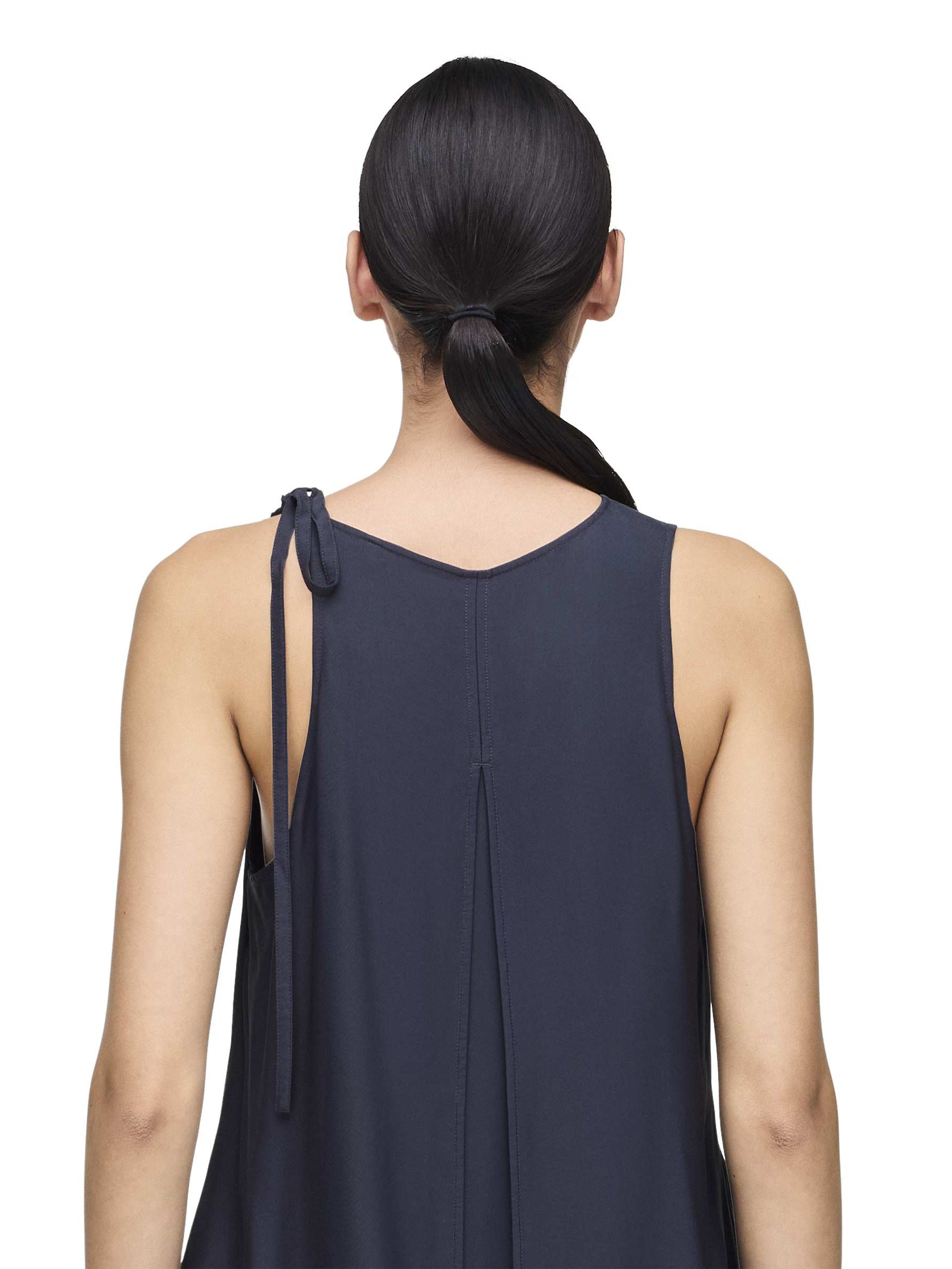 Close-up back view of the Women’s Shirt Double-Dye Dress in night grey and black from Y-3, focusing on the dip-dye transition and fabric texture.