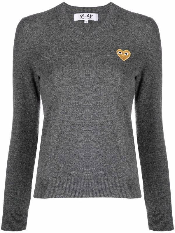 Womens V-Neck Pullover with Gold Heart - Med Grey-[-Comme des Garçons Play-1